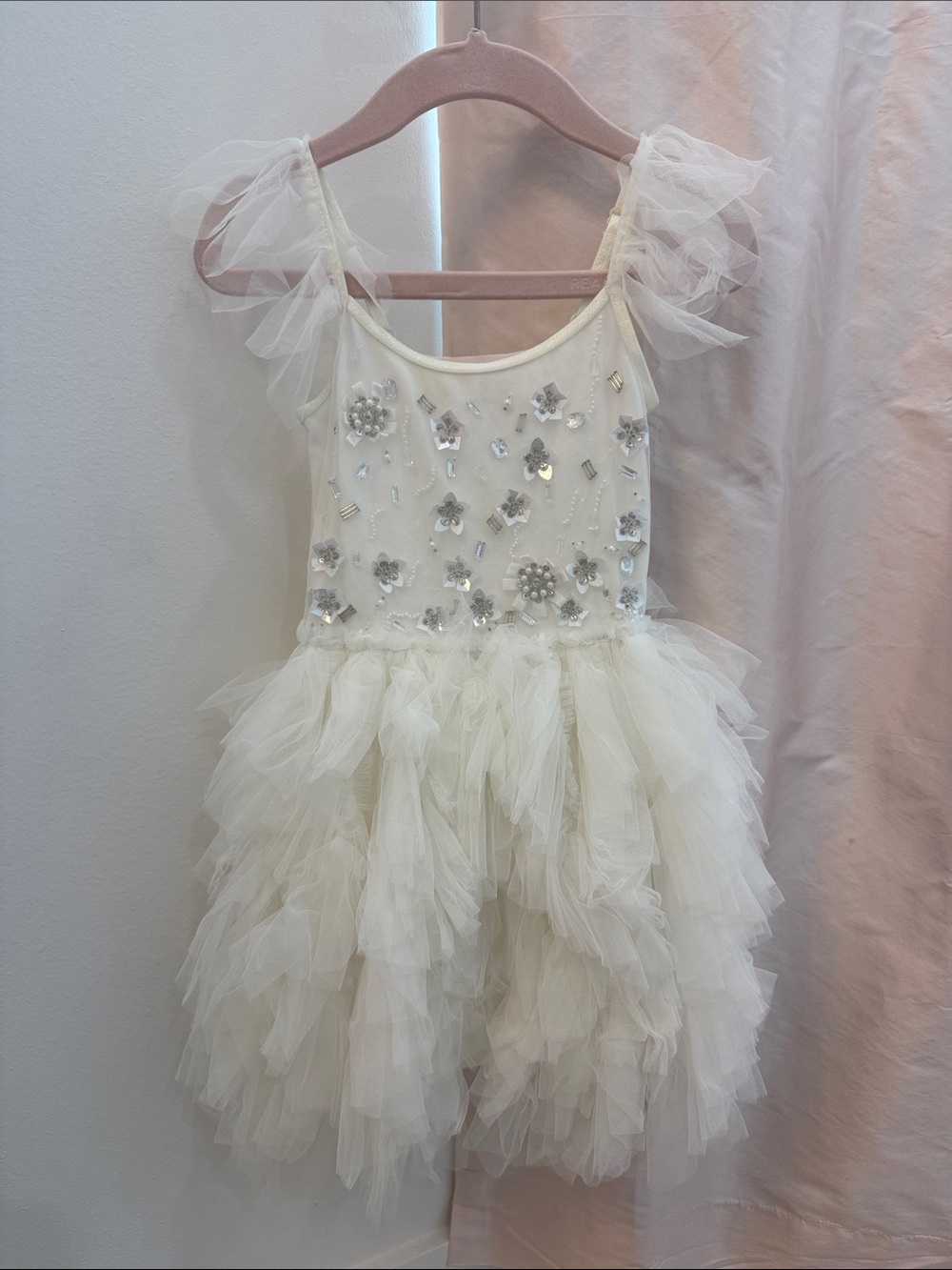 Tutu Du Monde Cream Tulle Dress with Silver Sequin Flowers
